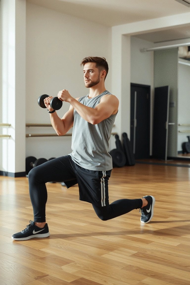 Person performing dumbbell lunges with perfect posture