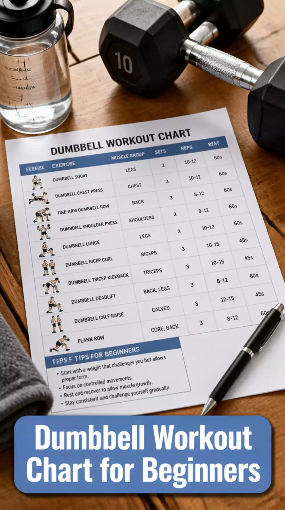 Dumbbell Workout Chart for Beginners to Track Progress Each Week