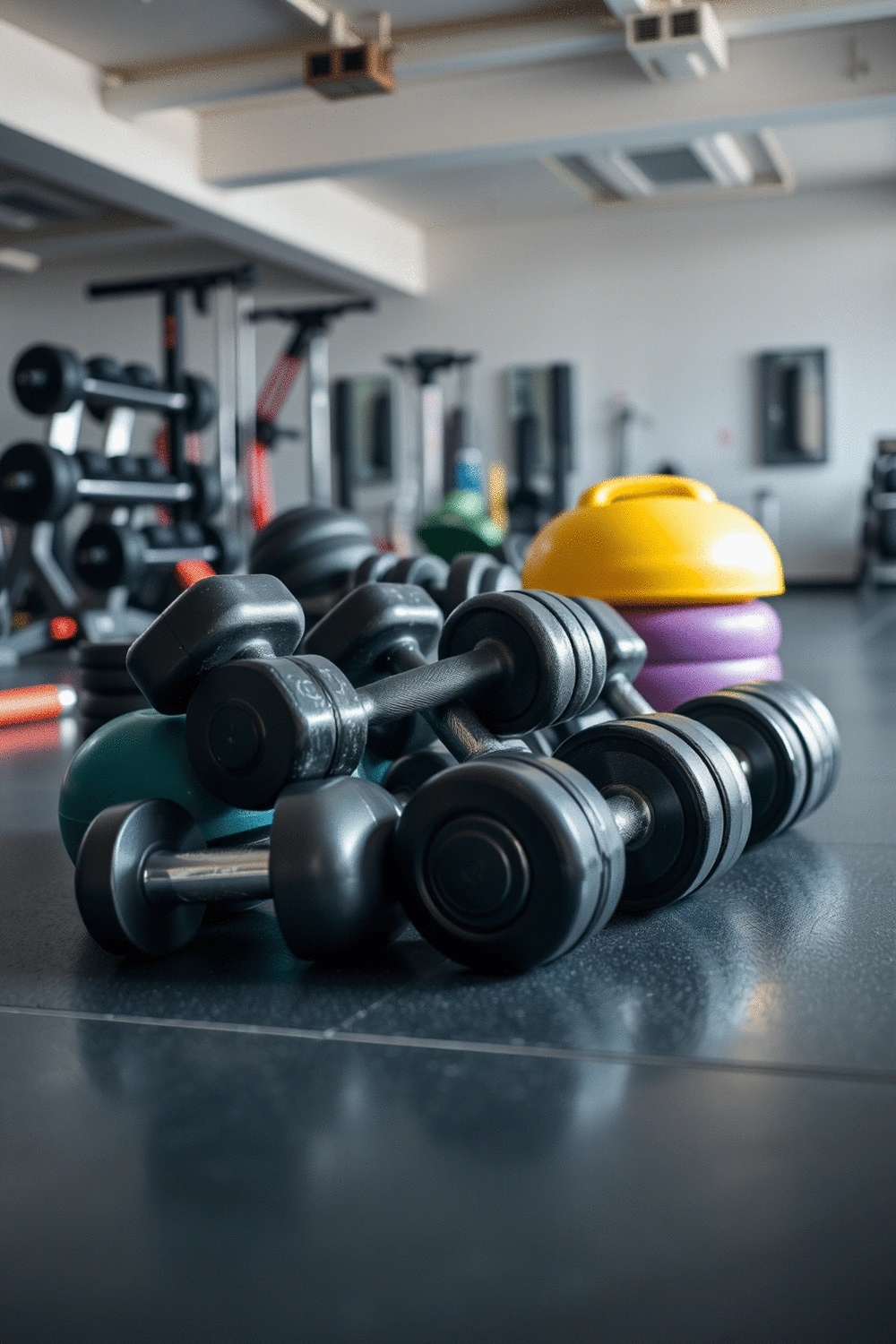 Arrangement of various dumbbells and fitness accessories on a clean gym floor
