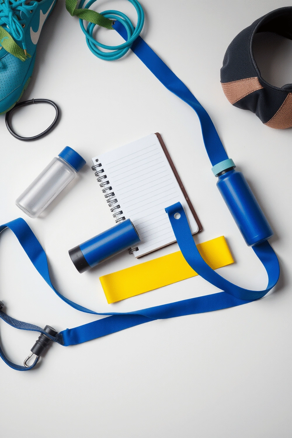 Flat lay of various fitness equipment like resistance bands, a water bottle, and a workout journal on a light background