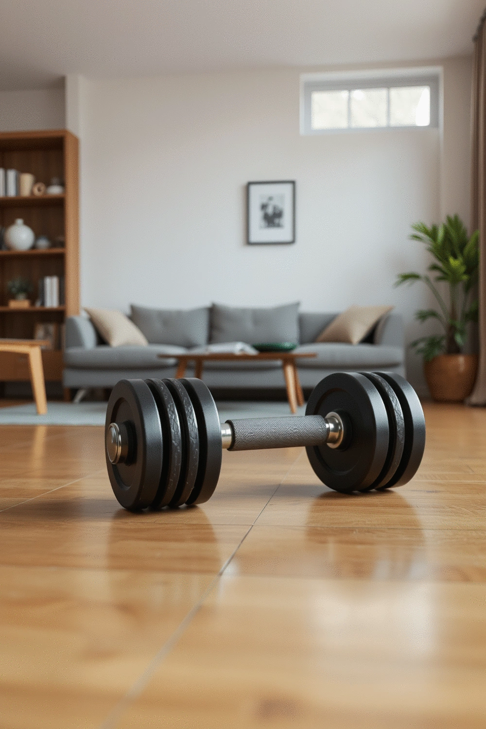 A pair of modern, sleek adjustable dumbbells on a polished wooden floor in a clean, uncluttered apartment living room, soft natural light.