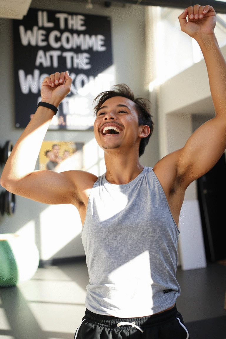 Individual smiling after completing a workout, showcasing progress