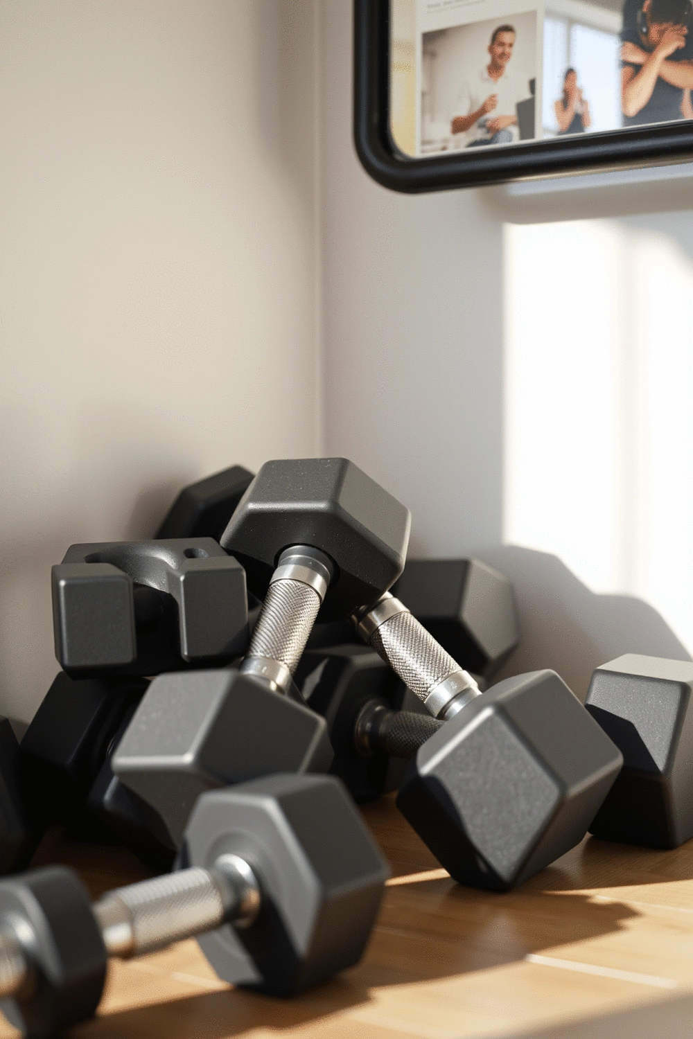 Neatly organized set of fixed weight dumbbells in a home gym corner