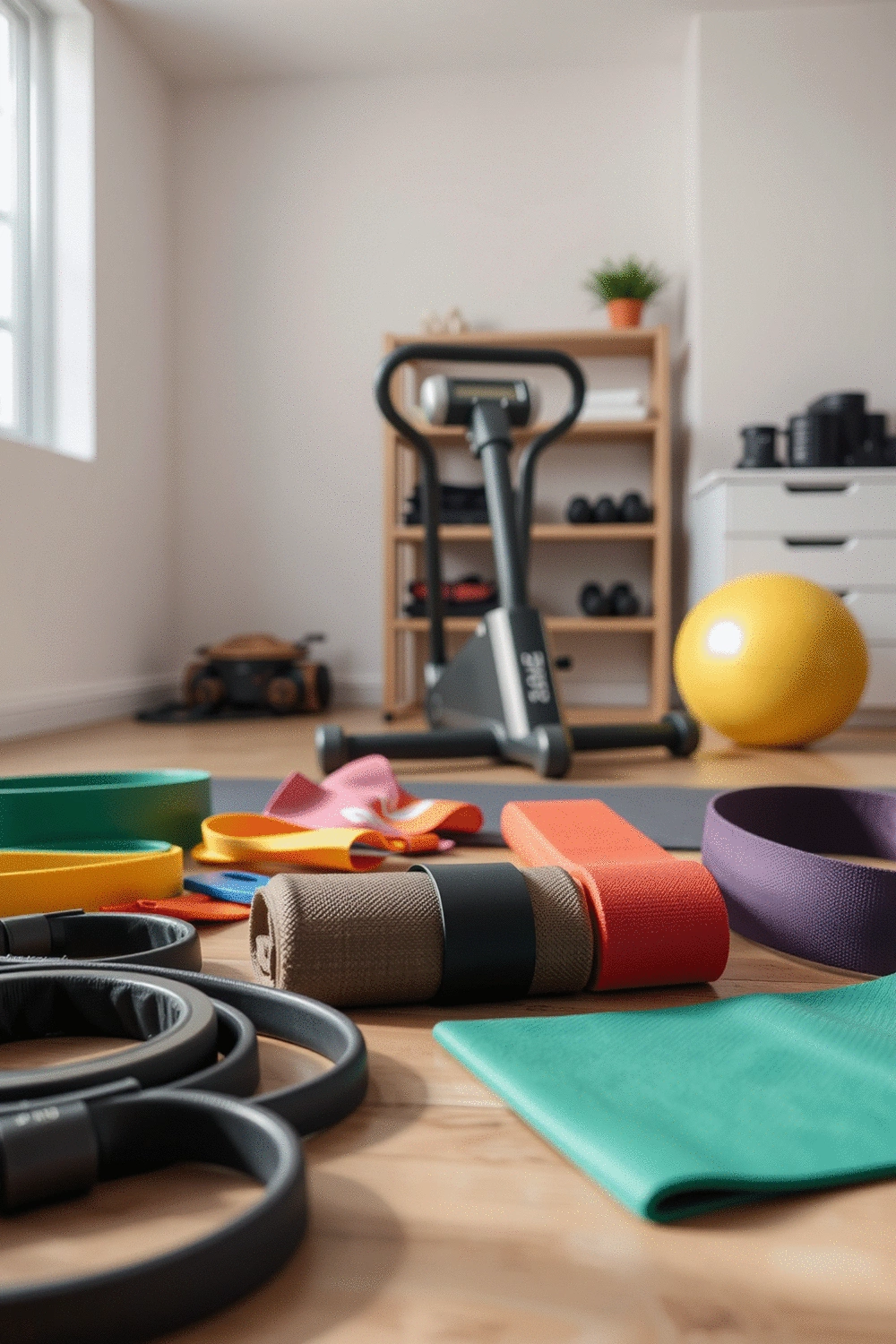 A flat lay of various resistance bands, a small walking pad folded neatly, and a compact exercise machine in a modern, organized home gym space, indirect lighting.