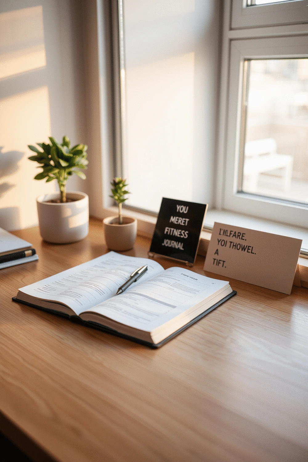 Fitness journal and motivational quotes on a clean desk