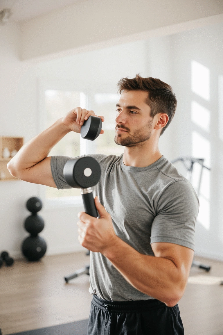 Individual executing a dumbbell shoulder press with controlled movements, bright space