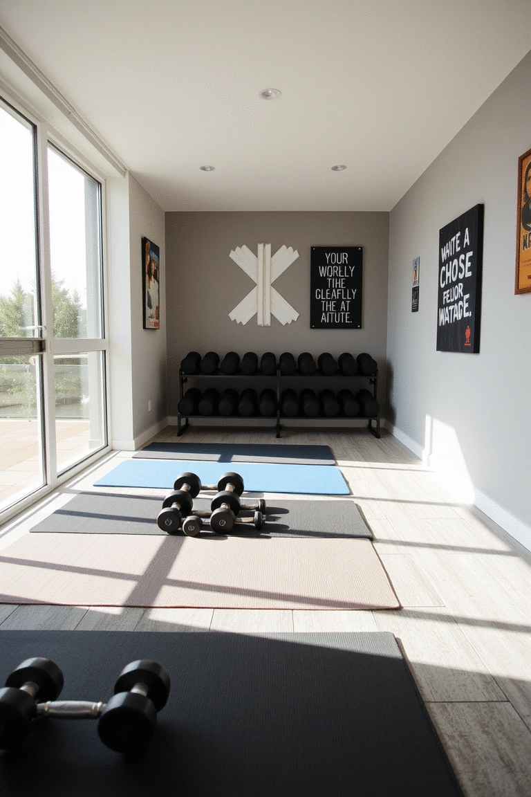 A bright home gym setup with exercise mats and dumbbells
