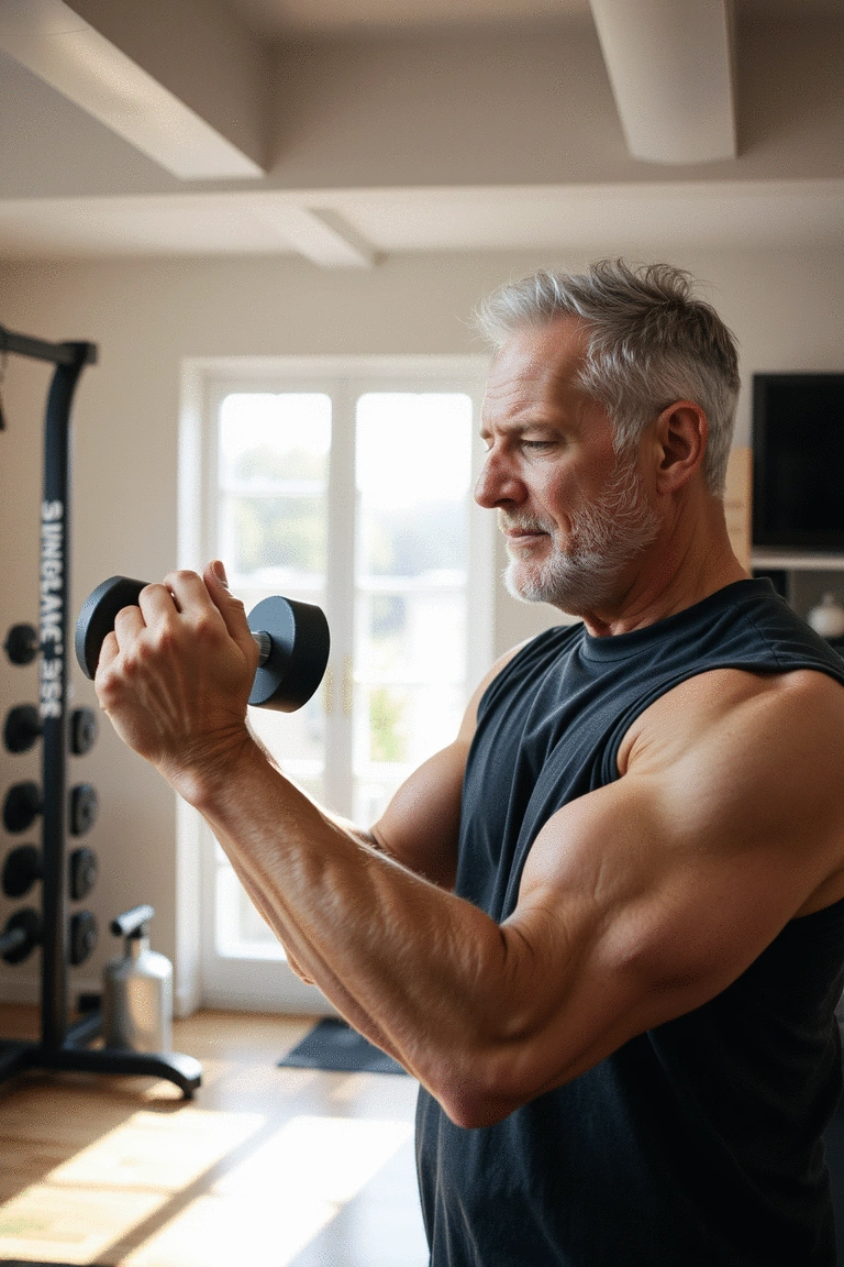Mature adult performing a dumbbell shoulder press