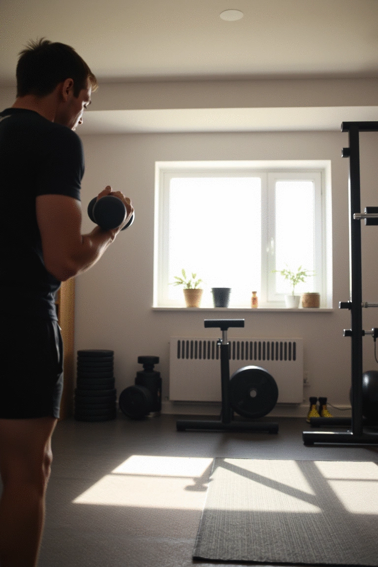 A person demonstrating basic dumbbell exercises like curls and presses in a bright home gym