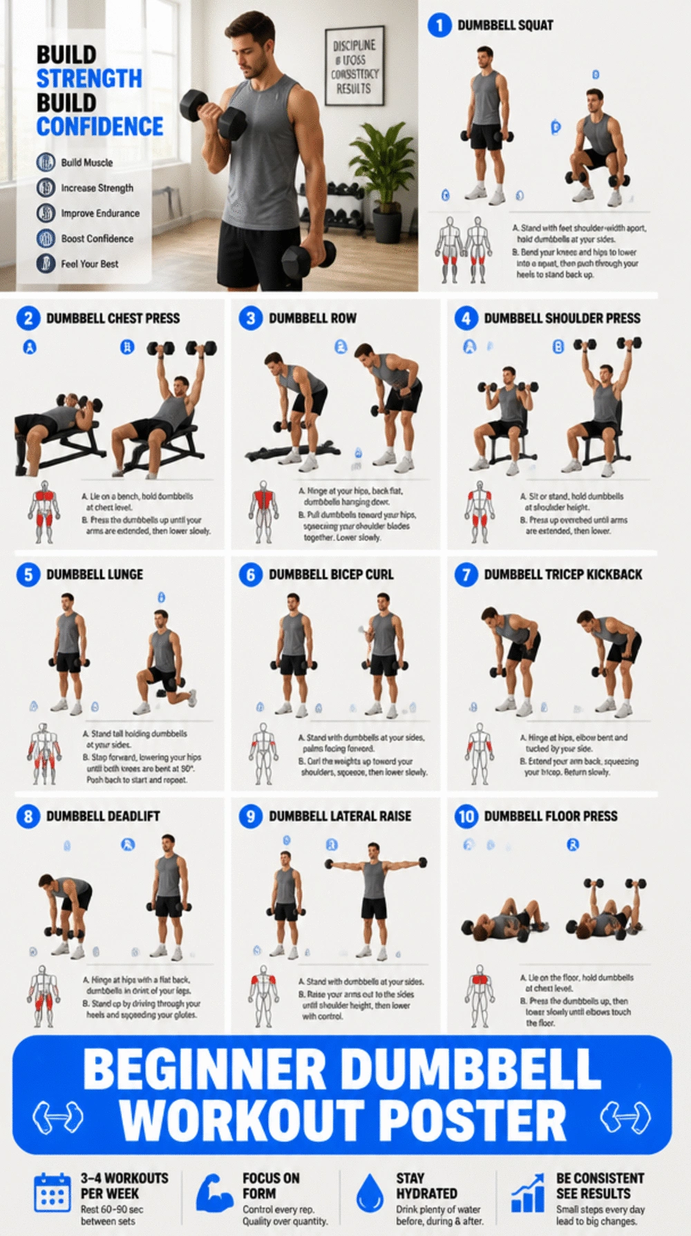 Beginner Dumbbell Workout Poster That Shows Every Starting Exercise Clearly