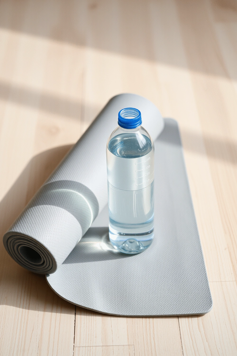 Still life arrangement of a water bottle, a foam roller, and a yoga mat, suggesting hydration, stretching, and recovery