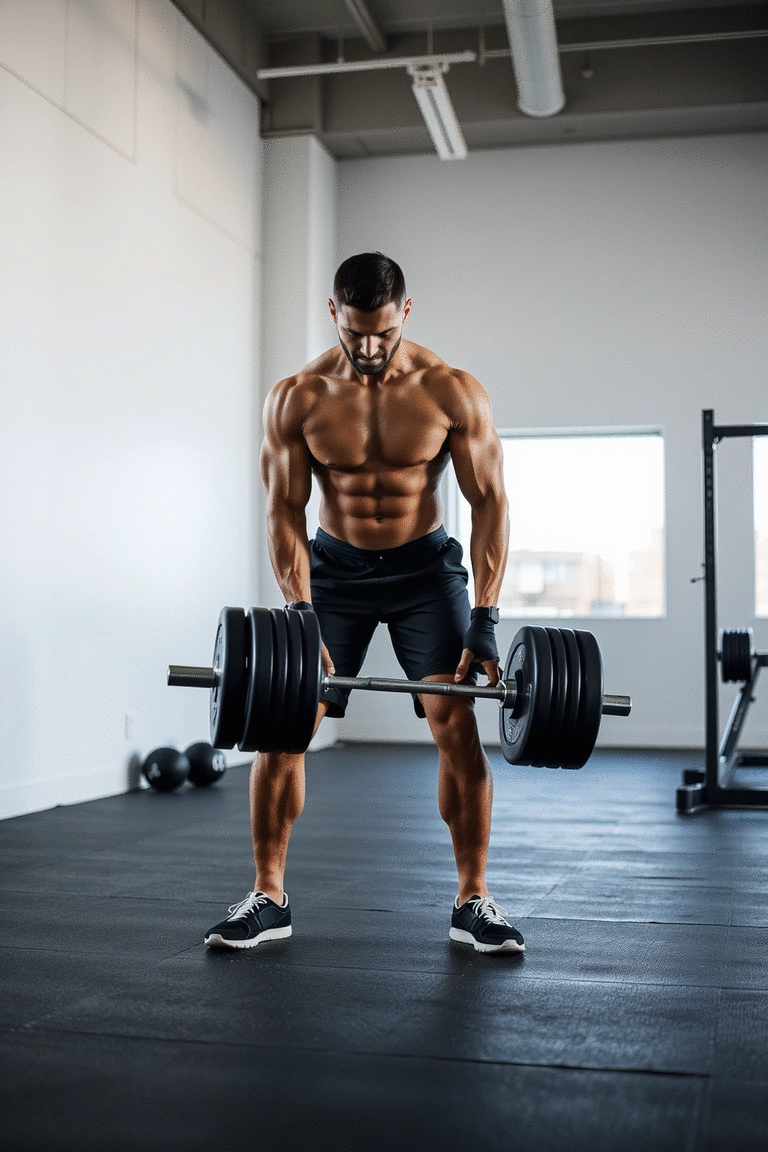 Man demonstrating a dumbbell deadlift with perfect form in a well-lit gym