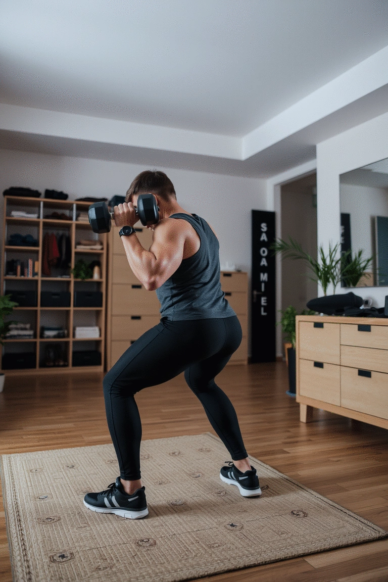 Beginner performing a dumbbell row exercise at home