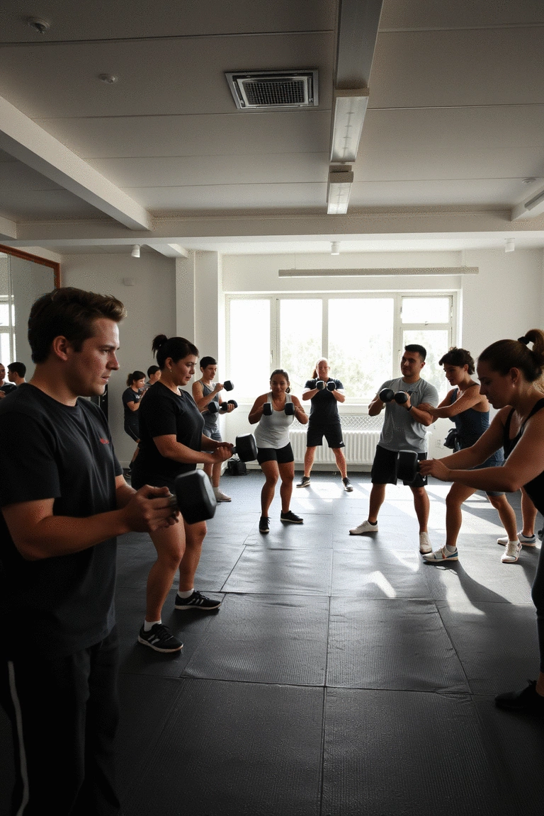Group of people performing dumbbell complexes in a vibrant gym