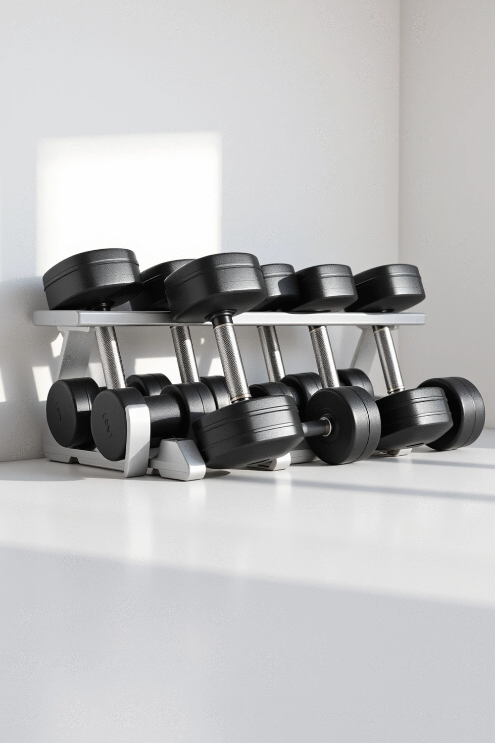 Adjustable dumbbells neatly stored in a home gym setting
