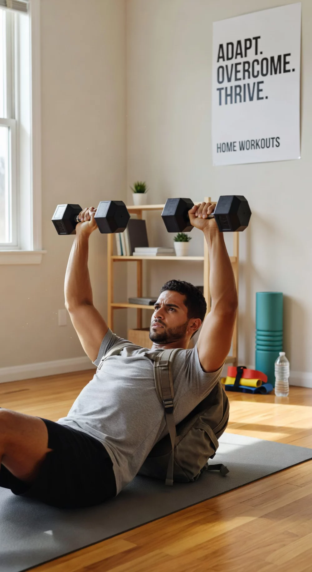 Incline Floor Press Dumbbell Variation Using a Backpack as a Wedge