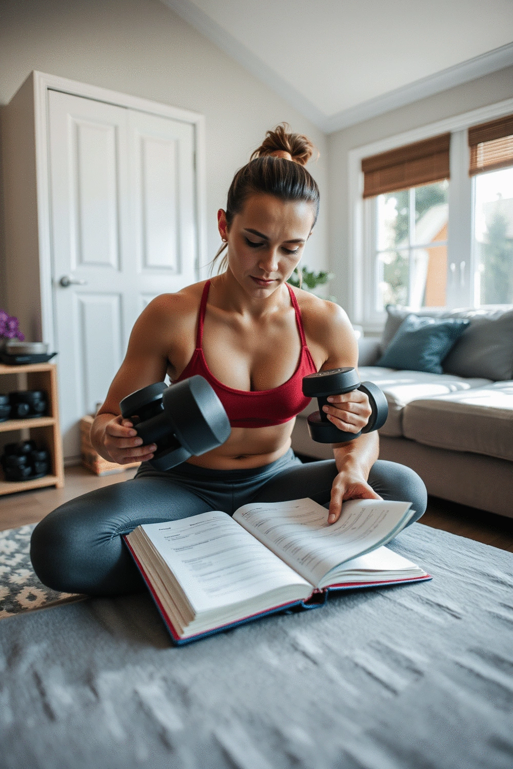 A person logging their dumbbell workout in a fitness journal, capturing progress and achievements.