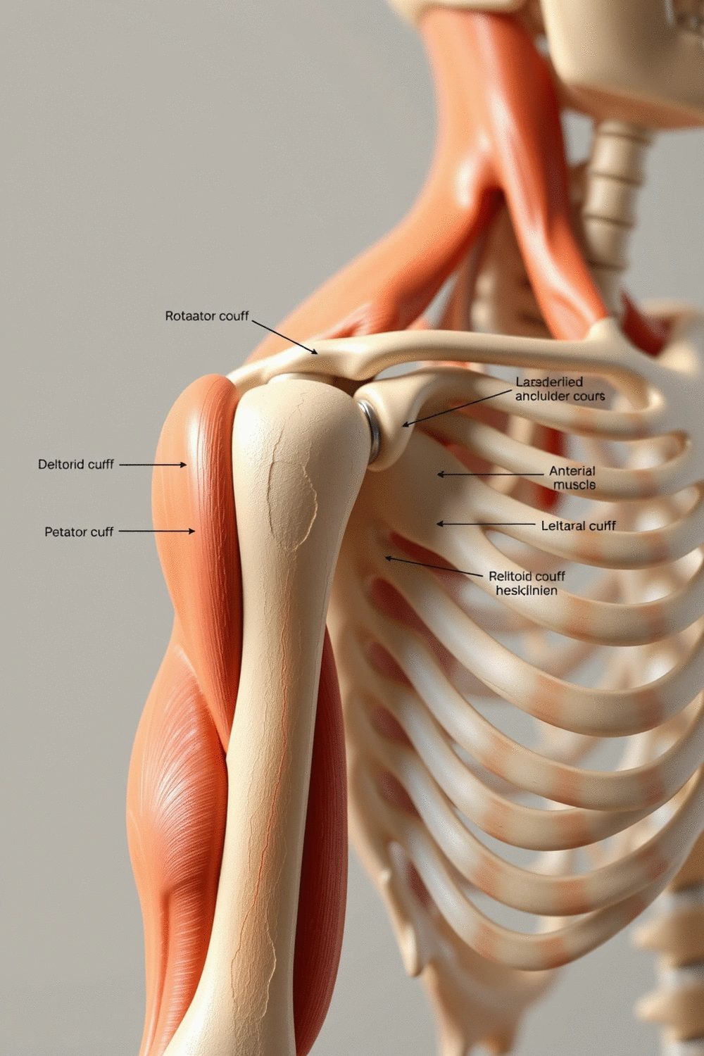 Anatomy diagram highlighting the deltoid muscles and rotator cuff of the shoulder joint.