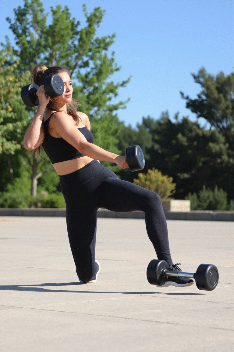 Woman performing a dumbbell lunge in a bright outdoor space