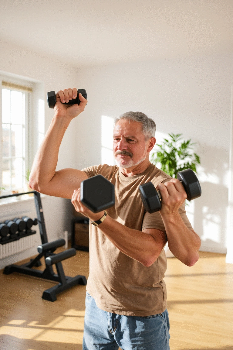 Individual over 40 doing dumbbell bicep curls