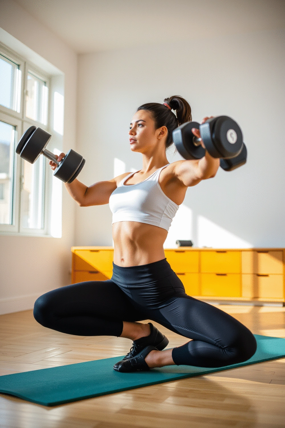 A woman performing dumbbell thrusters in a bright home gym, showcasing strength and endurance
