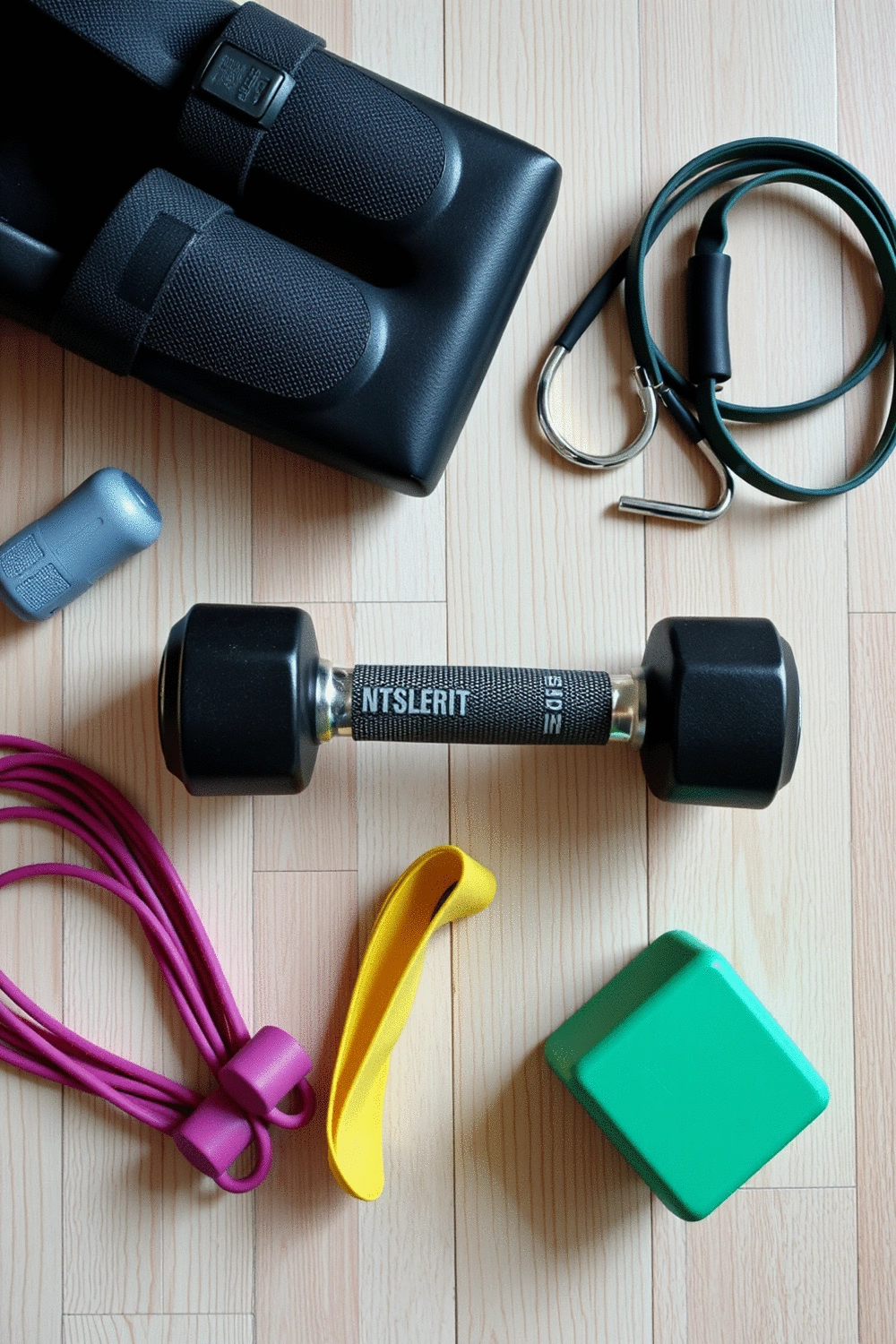 A flat lay of various fitness equipment including a single dumbbell, resistance bands, and a yoga block on a light-colored wooden floor, emphasizing a clean and organized workout space.