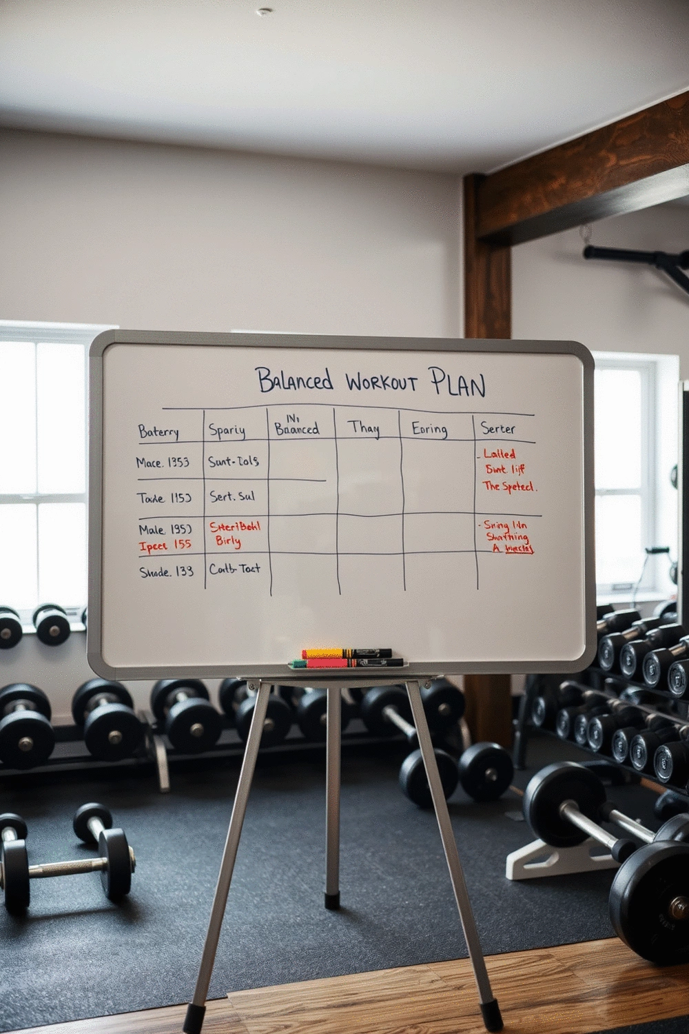 An organized workout plan on a whiteboard