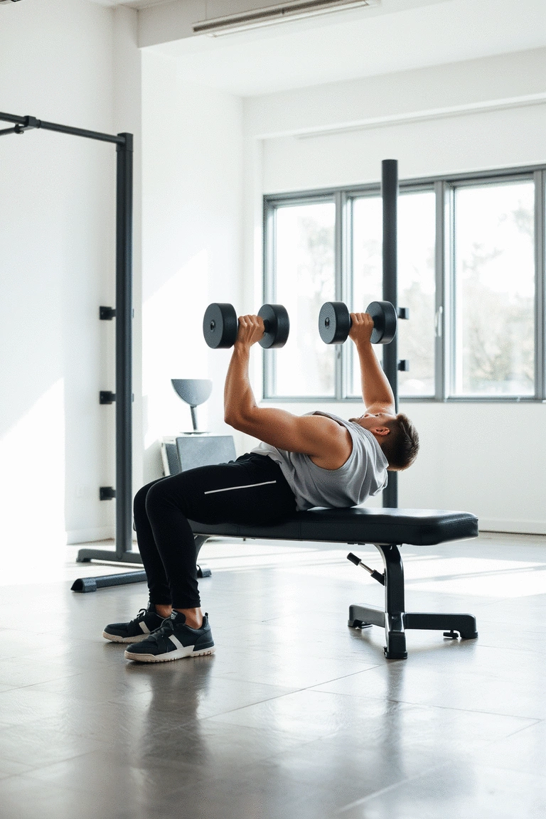 Individual performing a dumbbell bench press in a modern gym