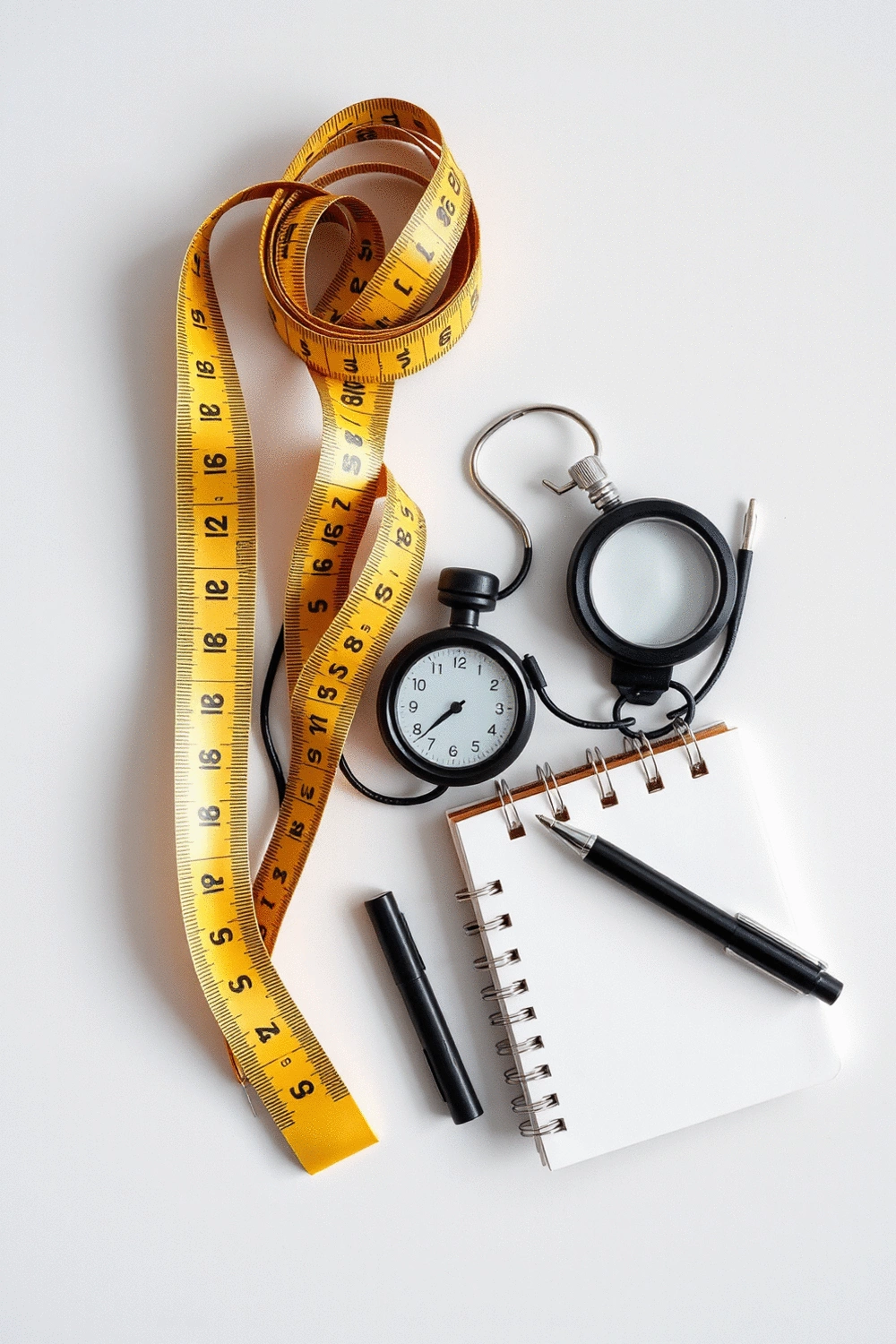 A set of various fitness assessment tools like a measuring tape, stopwatch, and a small notebook with a pen, on a clean, athletic surface.