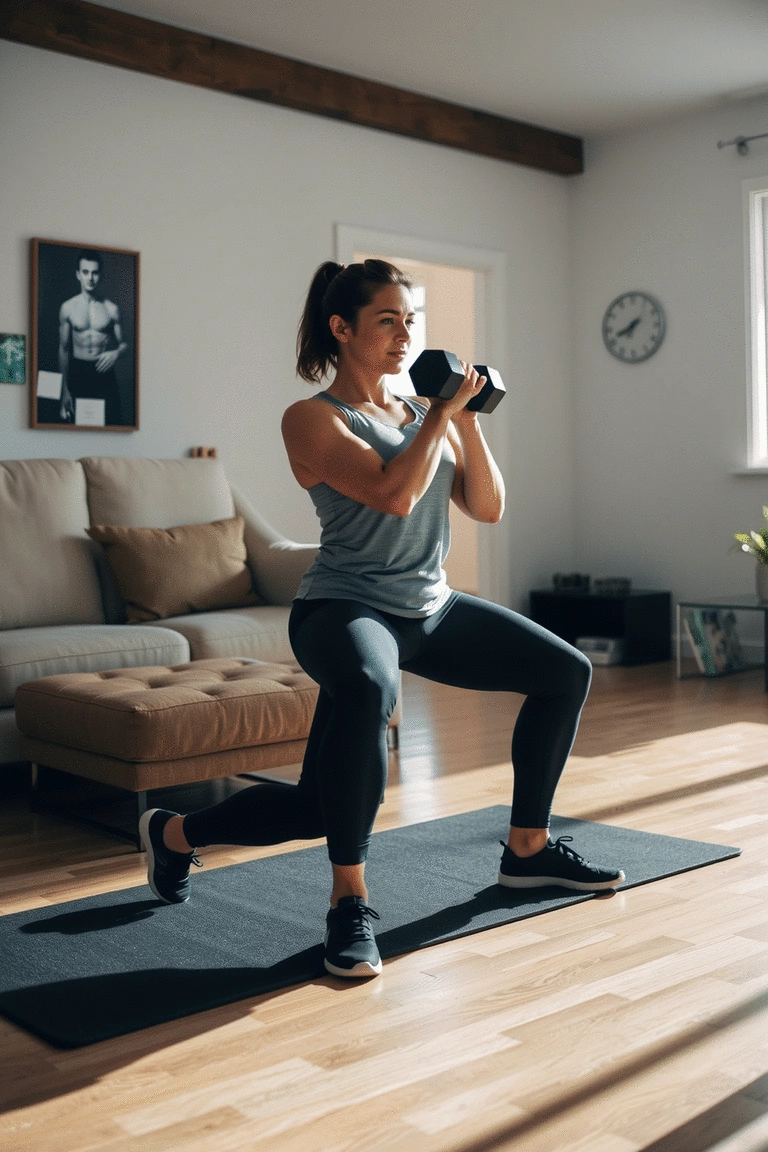 Beginner executing a dumbbell lunge with correct form