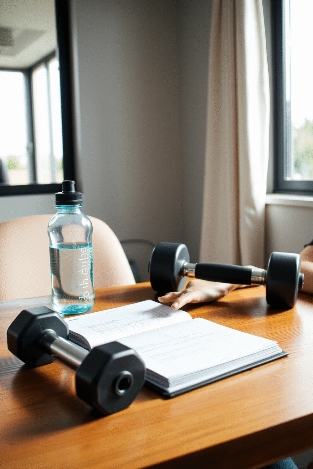A person logging their dumbbell workouts in a fitness journal, surrounded by dumbbells and a water bottle.