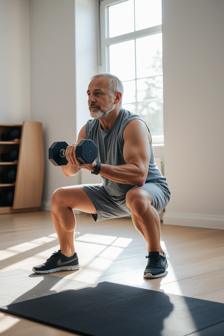 Person over 40 performing a goblet squat with a dumbbell