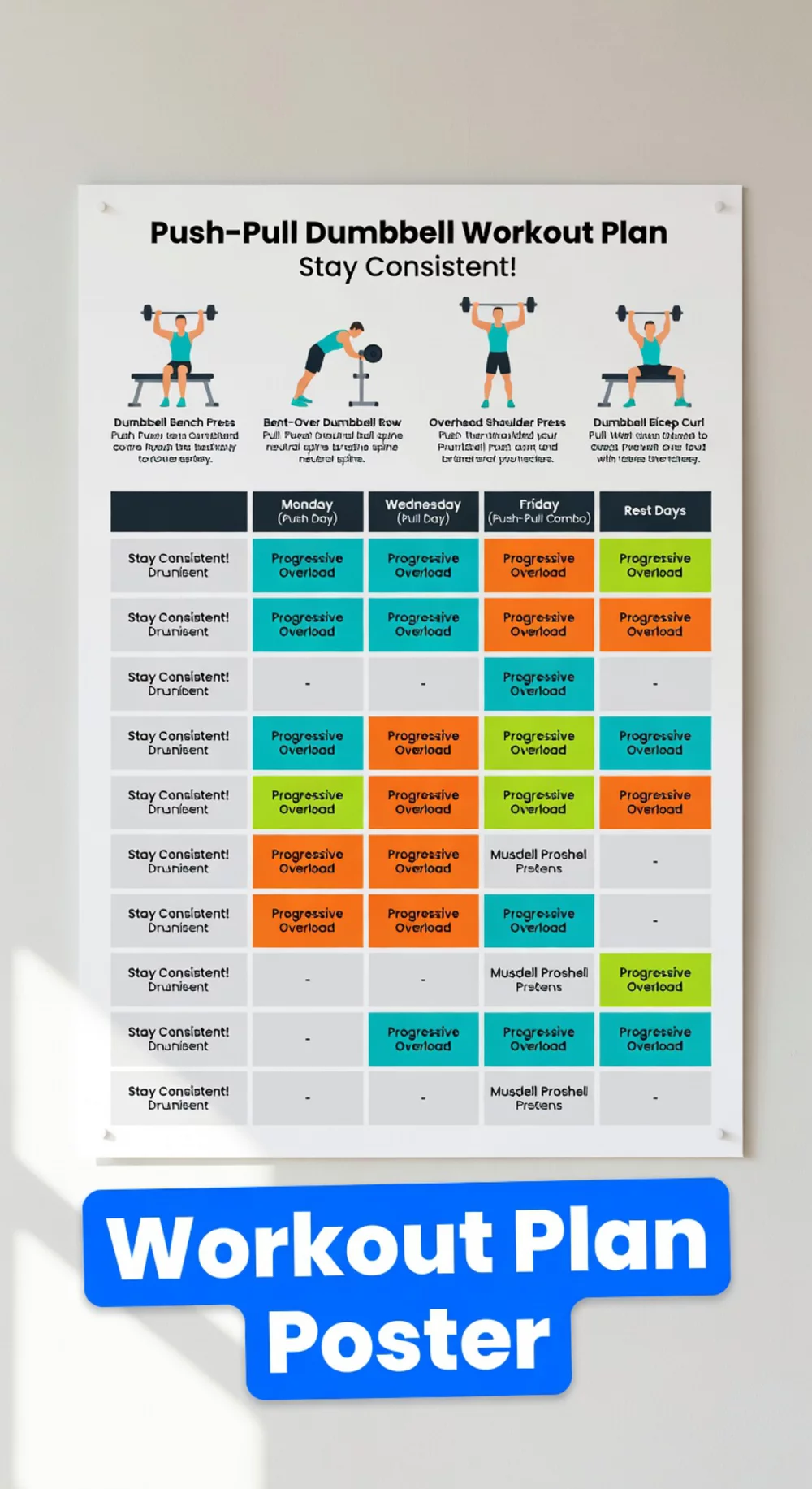 Push-Pull Dumbbell Workout Plan Poster That Maps the Full Weekly Schedule