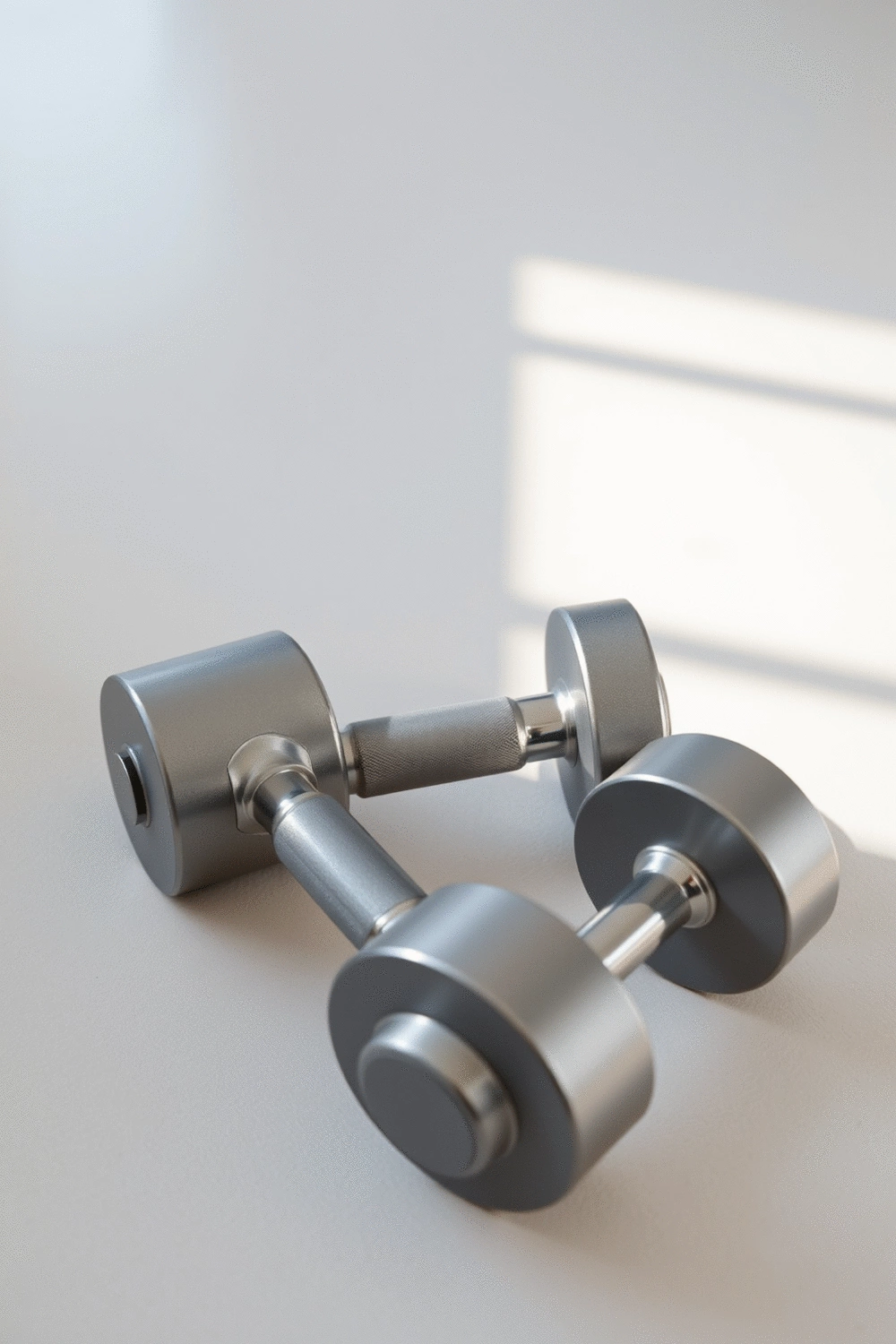 Pair of dumbbells on a clean, light-colored gym floor, with soft natural light illuminating the scene.