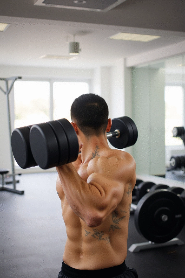 Athlete practicing dumbbell rows in a bright fitness studio