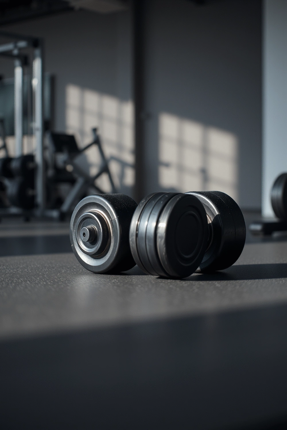 Pair of dumbbells resting on a clean gym mat, ready for a workout.