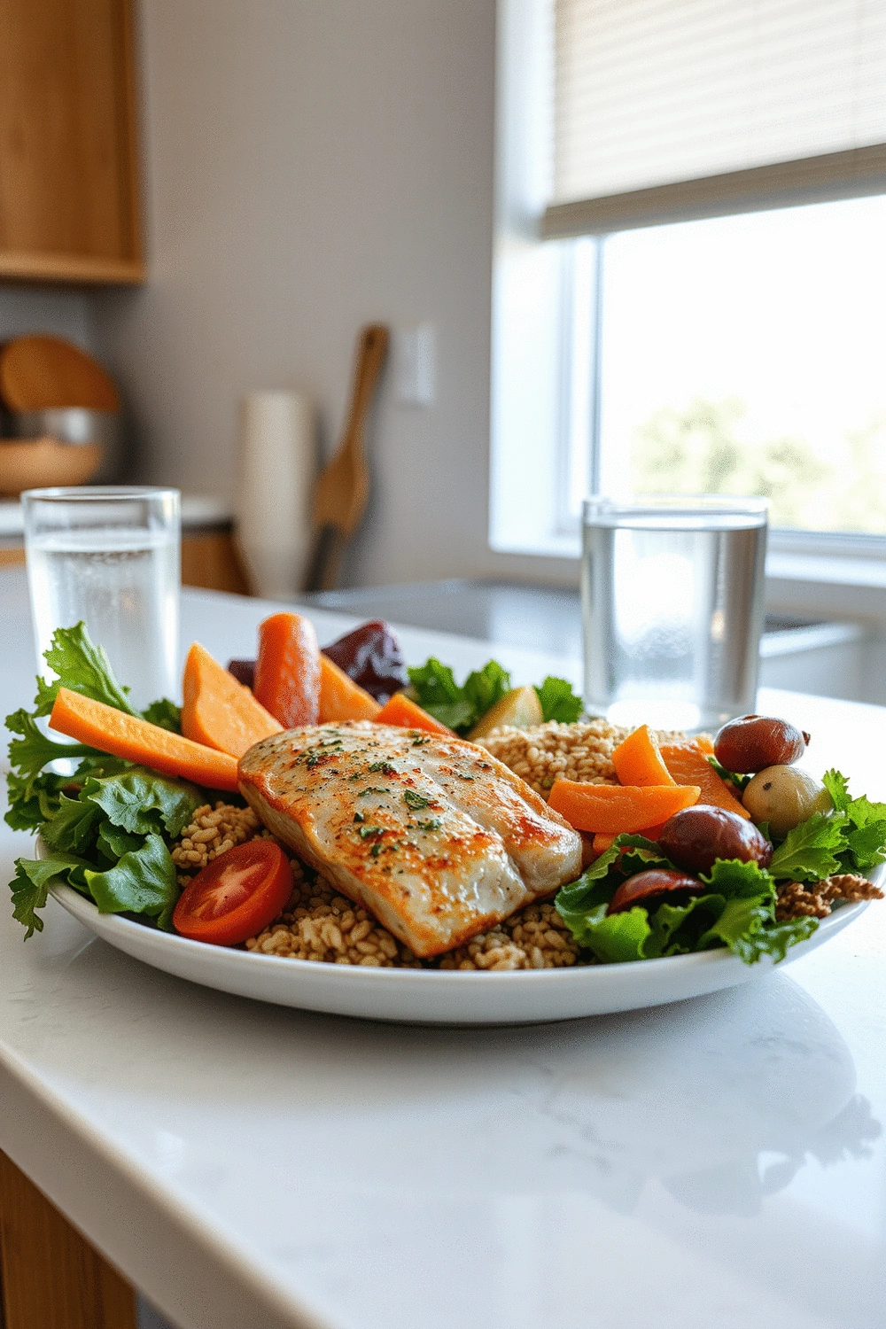 A balanced meal with lean protein, vegetables, and whole grains, alongside a glass of water, on a clean kitchen counter.