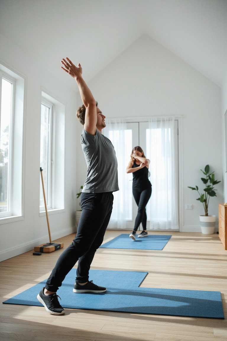 A person performing dynamic stretches in a home gym