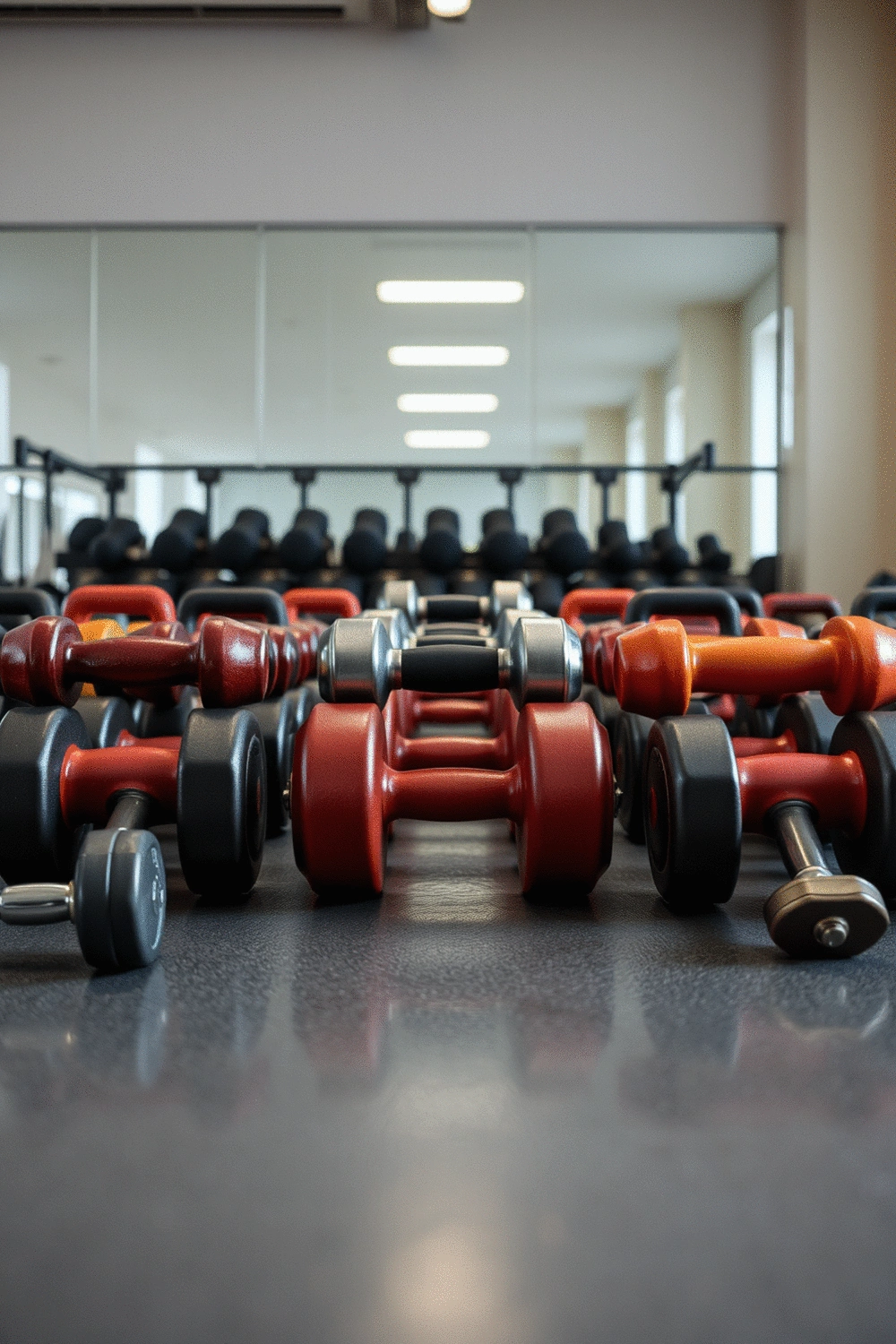 A collection of various dumbbell weights on a clean gym floor
