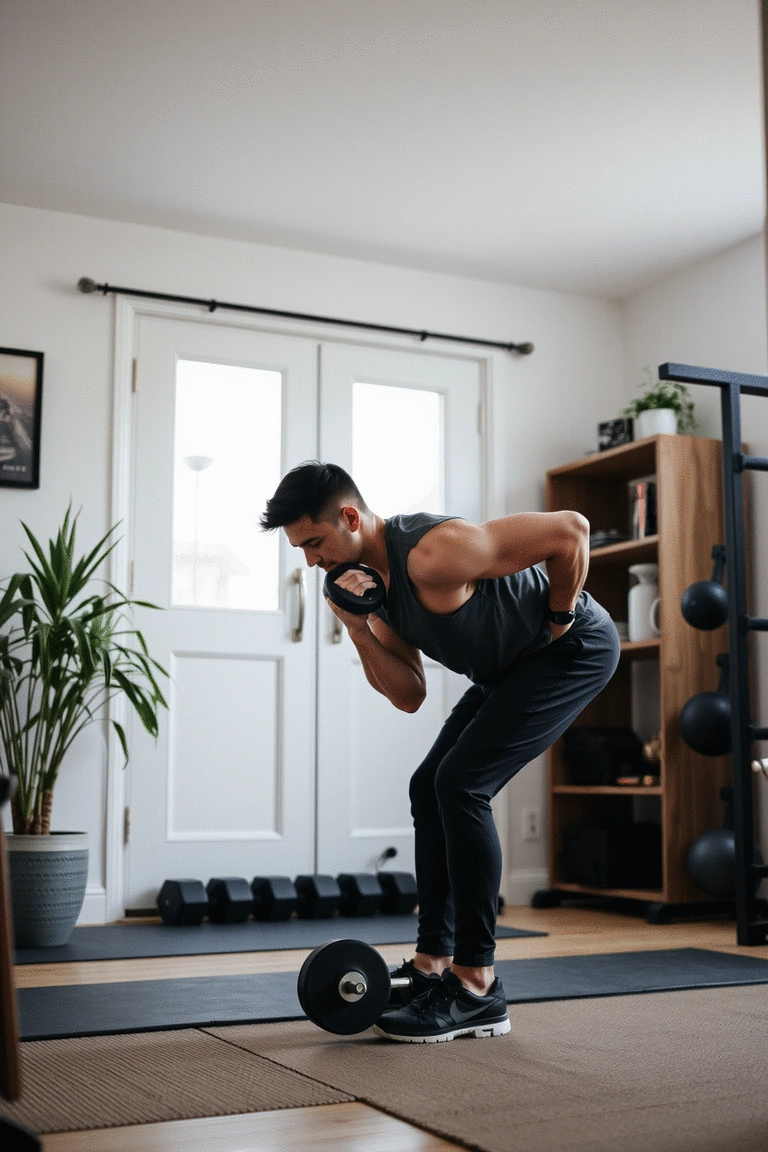 Person performing a bent-over dumbbell row, showcasing proper form and focus