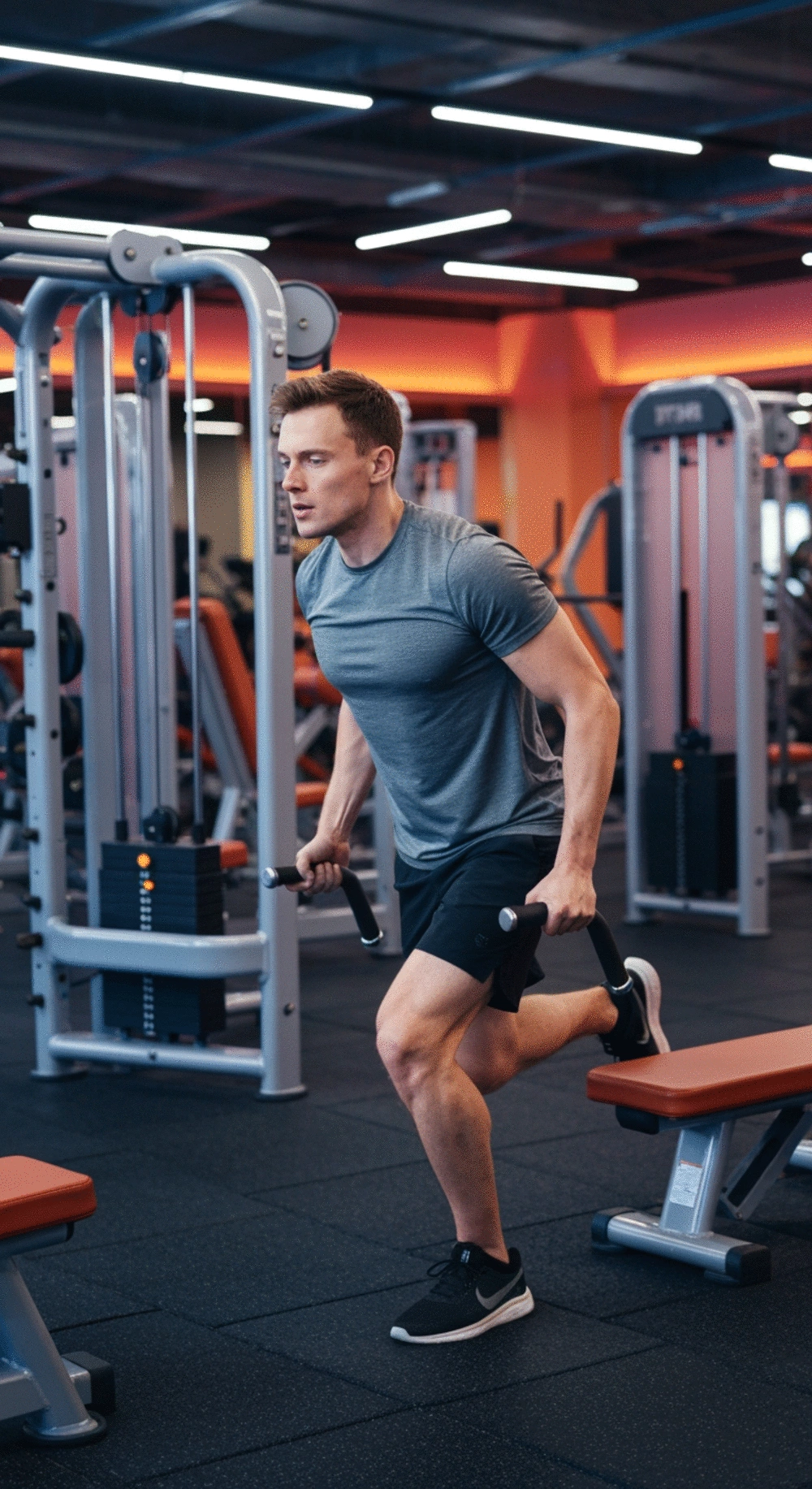 A person demonstrating correct dumbbell form and technique in a gym setting