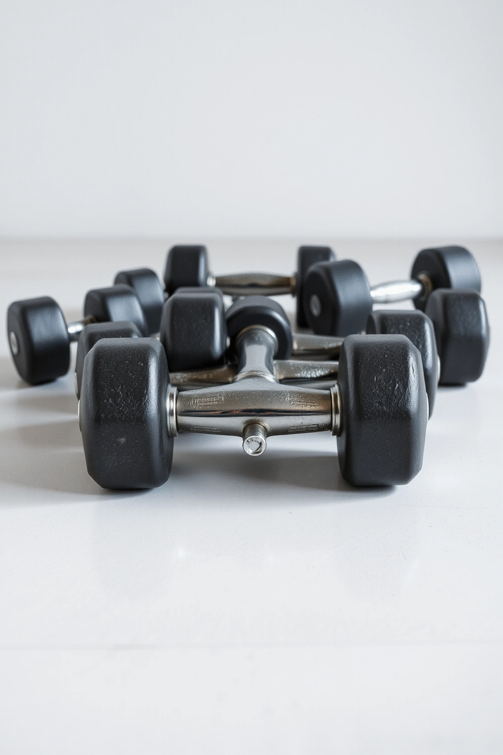 A collection of small, medium, and large dumbbells arranged symmetrically on a clean studio floor