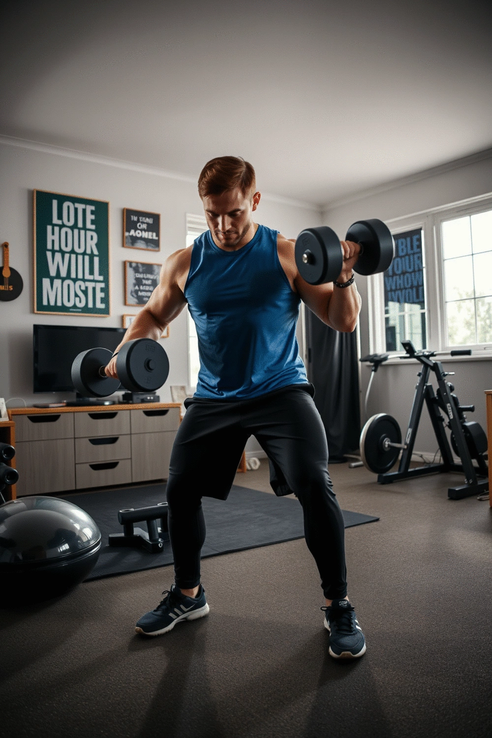 A fitness enthusiast following a structured dumbbell workout schedule at home, showcasing determination and focus