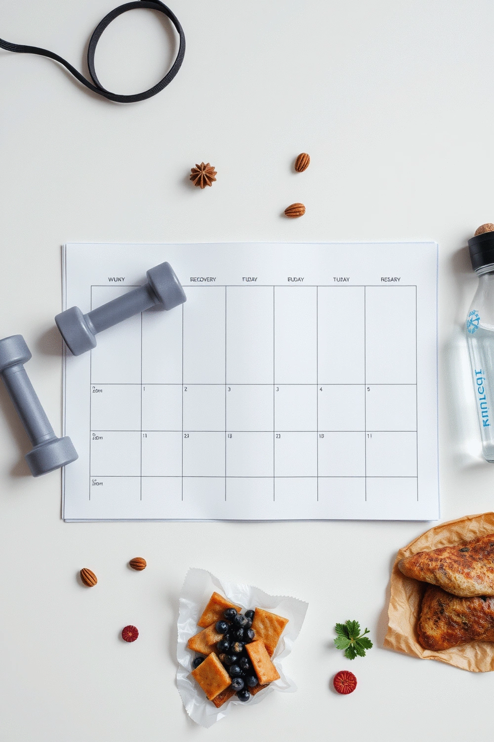 Flat lay of a weekly planner showing a balanced workout and recovery schedule, with small dumbbells and a water bottle