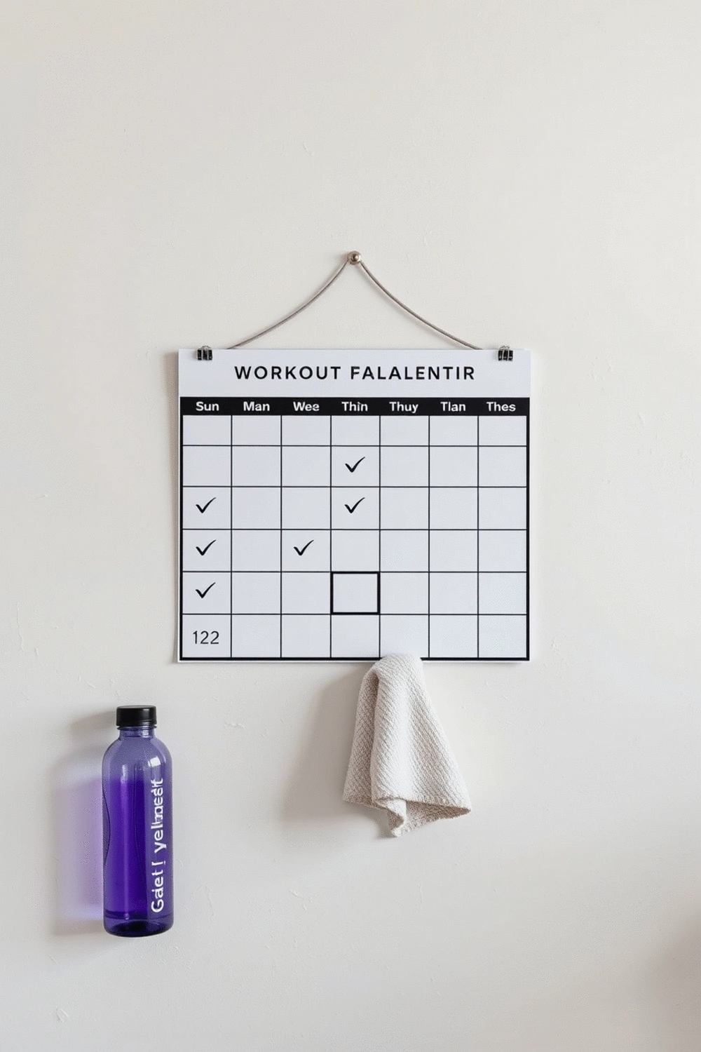 A minimalist workout calendar on a wall with checkmarks, a water bottle, and a small towel, symbolizing consistency and tracking progress in a home gym.