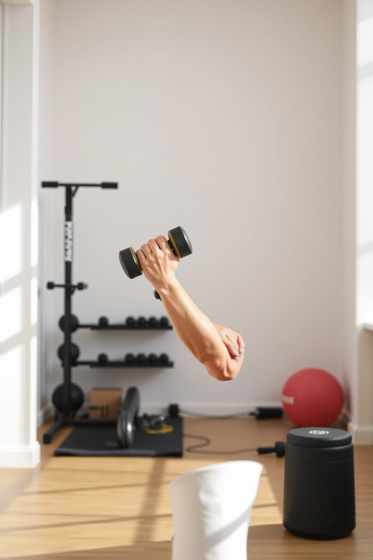 Person performing a gentle dumbbell warm-up exercise, stretched arms and light weights