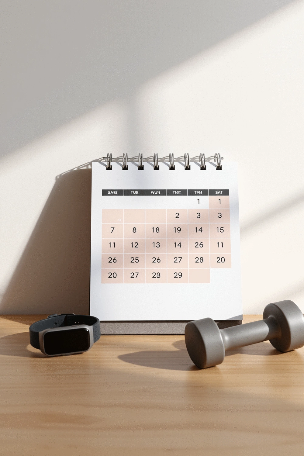 A minimalist calendar with workout days marked, next to a fitness tracker and a small dumbbell