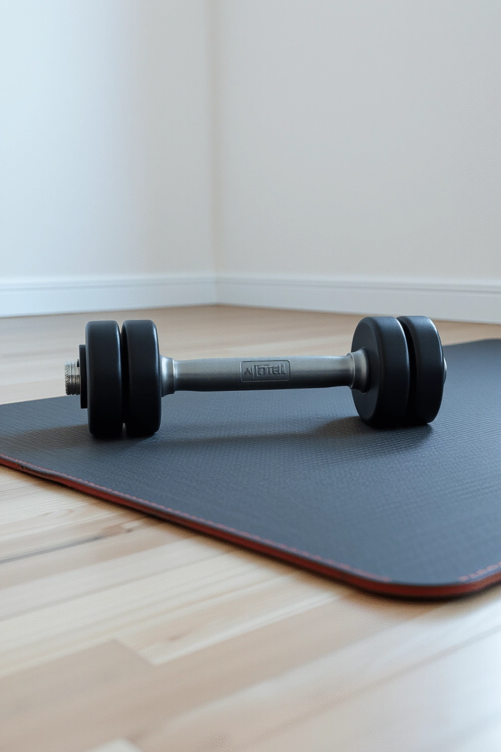 Sound-dampening exercise mat on a minimalist apartment floor with a single adjustable dumbbell resting on it, soft ambient lighting.