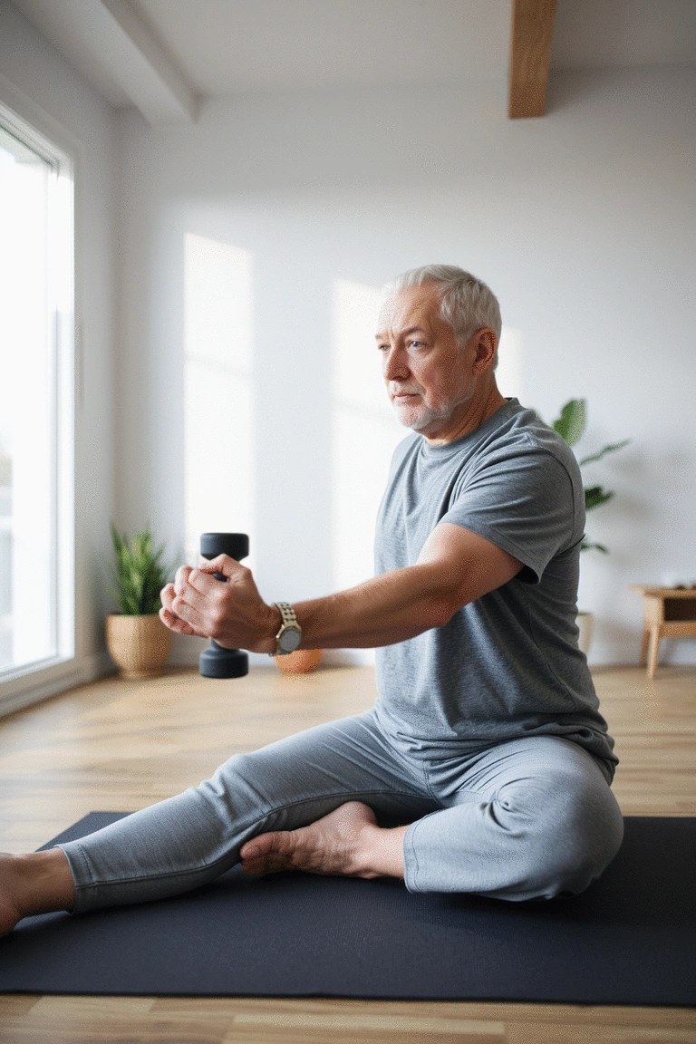 Individual over 40 performing a dumbbell stretching routine