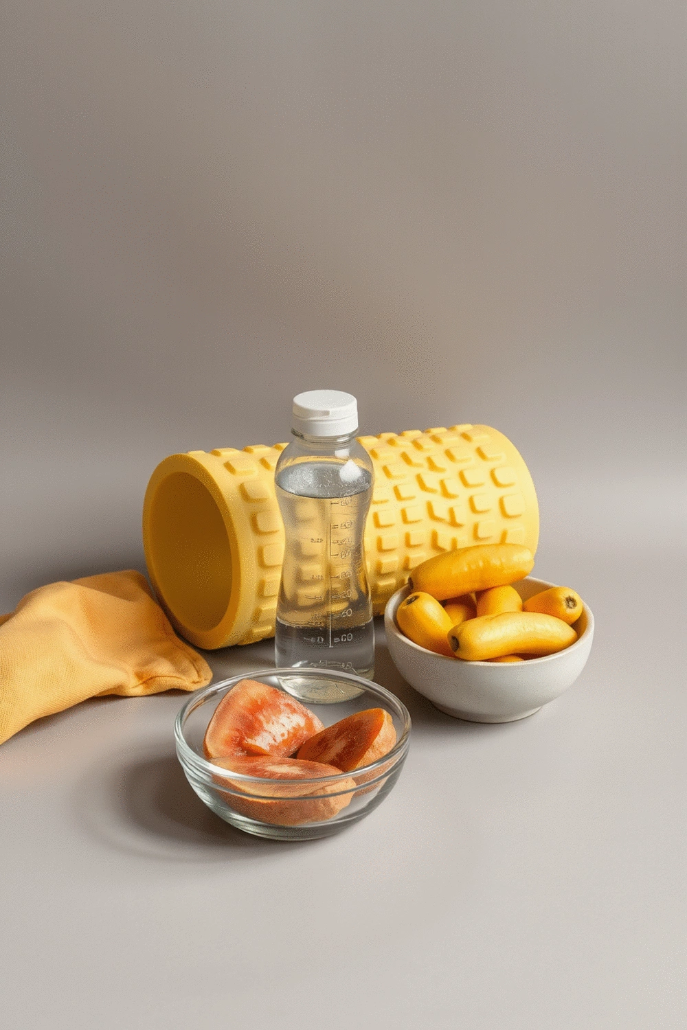 A clean, simple arrangement of recovery tools: a foam roller, a water bottle, and a small bowl of fresh fruit, against a calm, muted background.